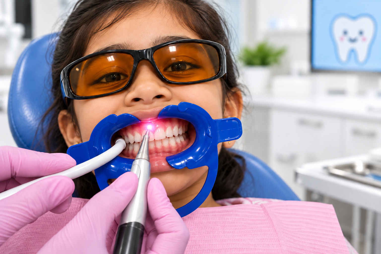 Girl wearing orange safety goggles receiving laser operculectomy treatment at paediatric dental clinic