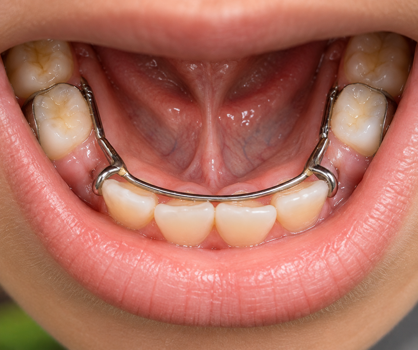 Lingual arch space maintainer on lower teeth close-up