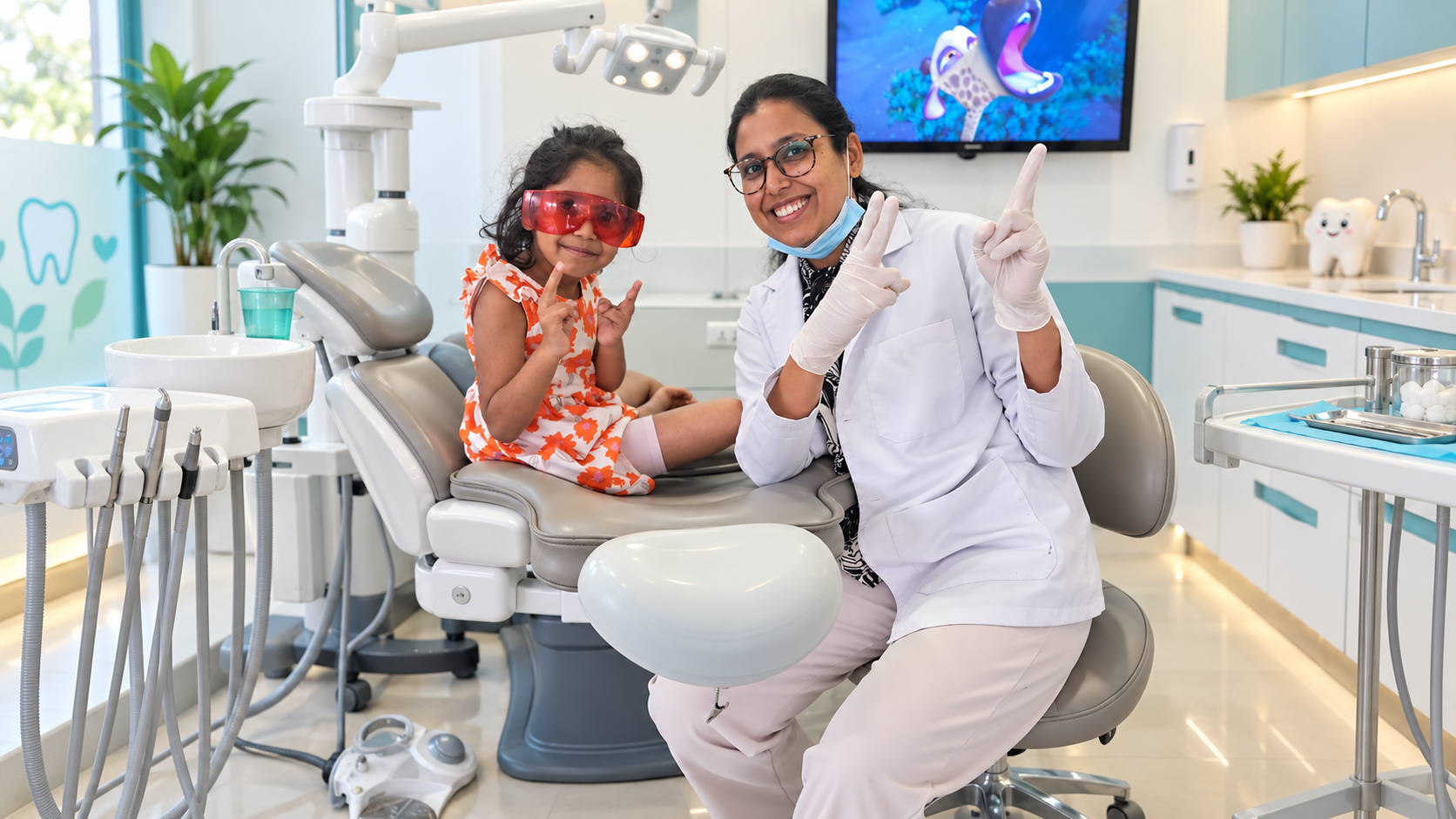 Child receiving fluoride treatment with curing light at Dr. Mittal's clinic