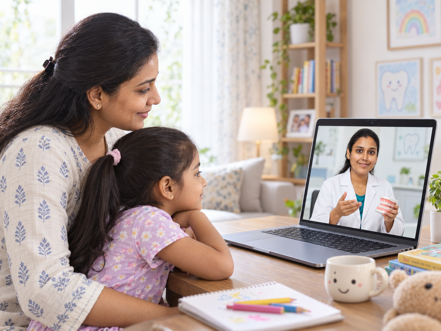 Mother and child having a video consultation with a dentist
