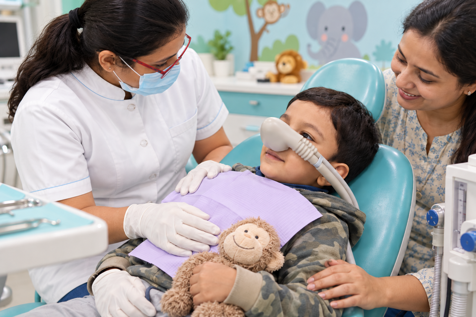Child under nitrous oxide sedation receiving dental treatment with mother present