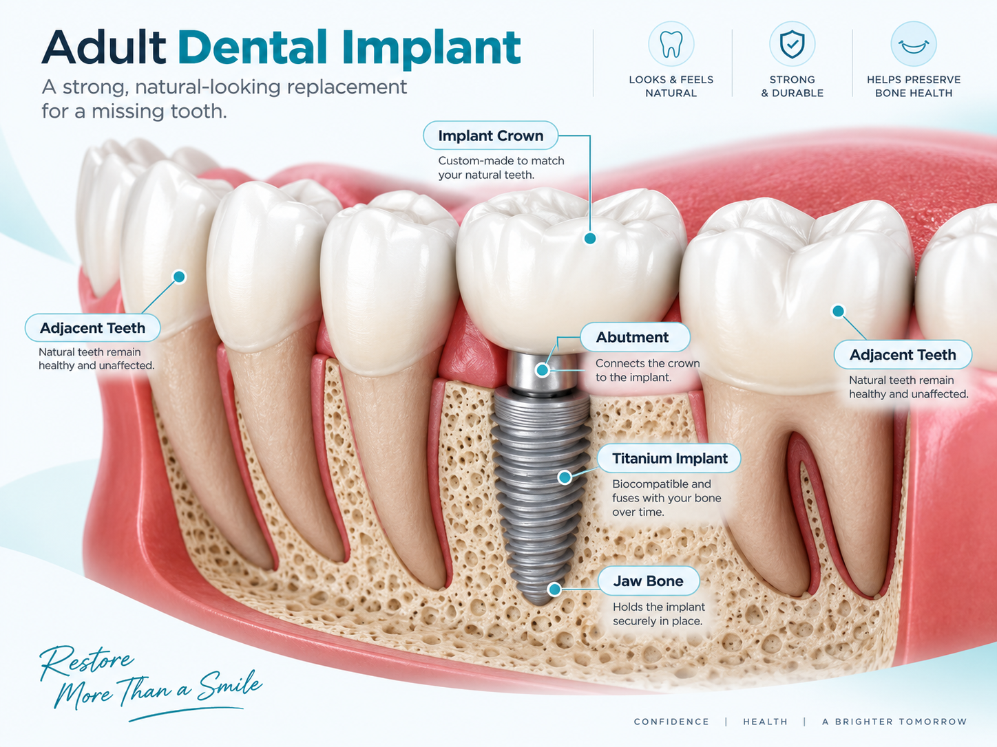 Before and after dental implant showing complete smile restoration with natural-looking crown